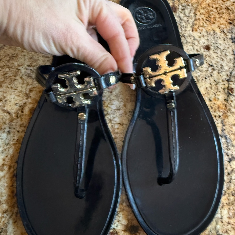 Tory Burch Black and Gold Thong Sandals